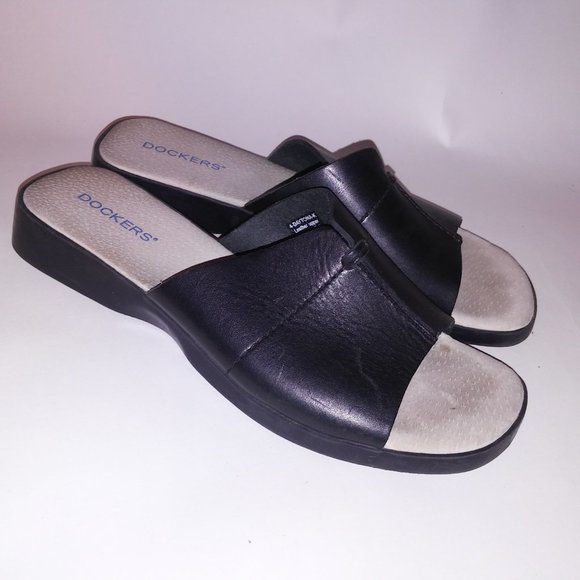 Dockers Sandal Daytona Womens Size 7M Black Leather Upper Slip On Slides Open To - Picture 1 of 16